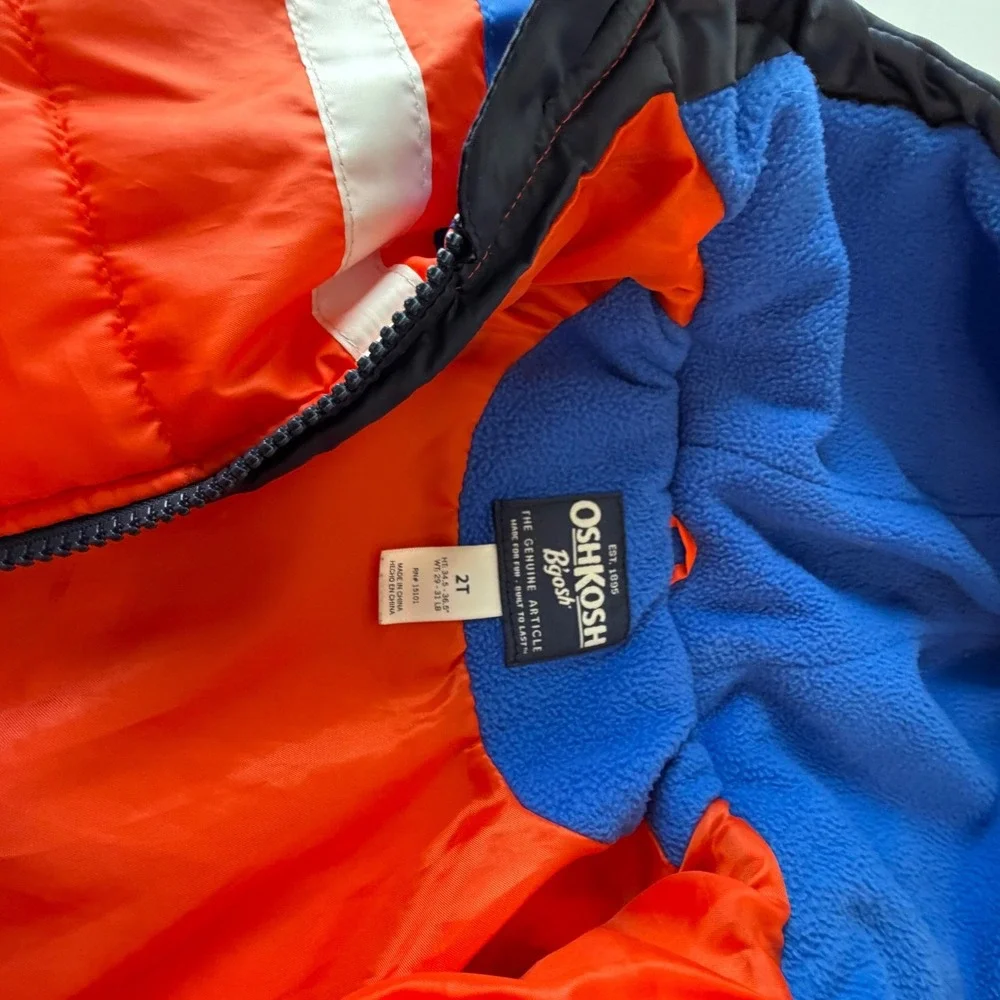 Oshkosh‎ B'Gosh Puffer Jacket Blue Orange White Hooded Full Zip 2T